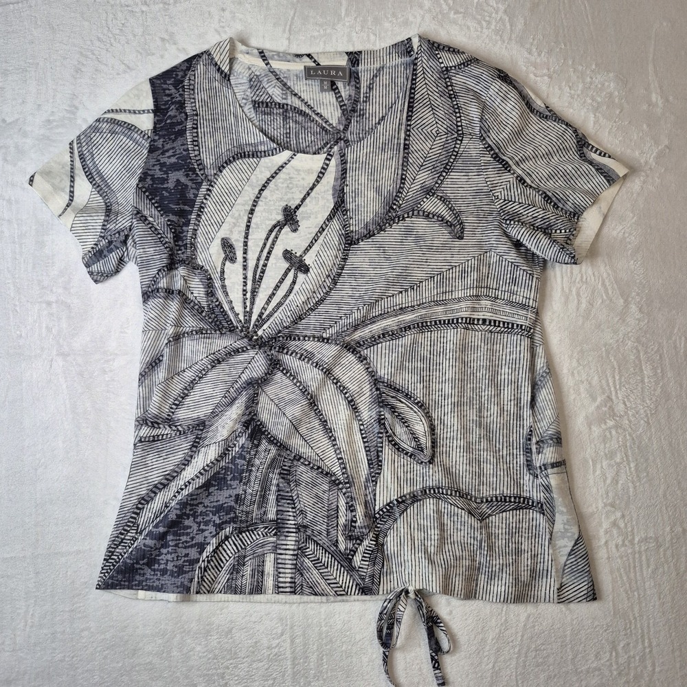 Laura Womens M Graphic Floral Blouse Short Sleeve Tie Grey Comfy Casual Sparkle
